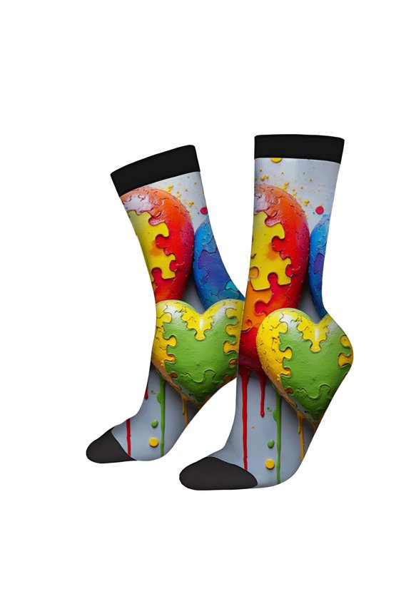 Vibrant Puzzle Heart Socks - 2 Pairs of Unisex Trendy Socks with Colorful Puzzle Piece Design Perfect for All Seasons