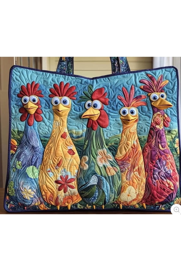 Vibrant Quilted Chicken Pattern Tote Bag, Whimsical Rooster Patchwork Large Shoulder Bag, Spacious Handbag for Market, Beach and Daily Casual Use