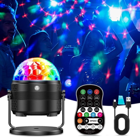 Vibrant RGBP Disco Party Light with 15 Lighting Effects, Sound-Activated Strobe, 360 Rotation & Remote Control Perfect for Home, Stage, KTV & Gift Giving.