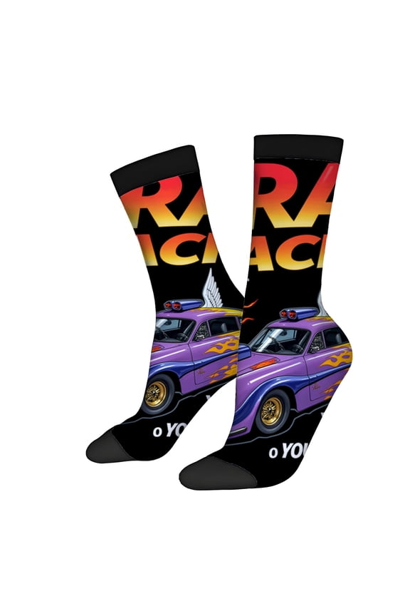 Vibrant Racing Socks - 2 Pairs of Unisex Trendy Socks with Purple Car Flames & Wings Design on Black Background