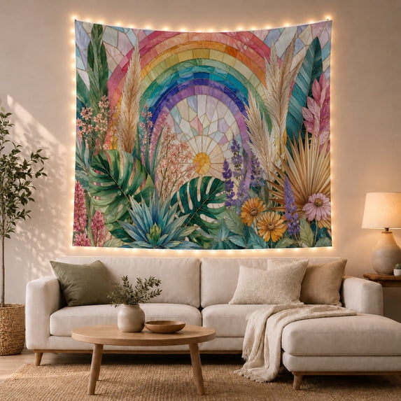 Vibrant Rainbow Arch & Tropical Botanicals in Stained Glass Setting, Whimsical Boho for Plant Lovers, Botanical Wall Decor Housewarming Gift Tapestry Wall Hanging for Living Room and Bedroom