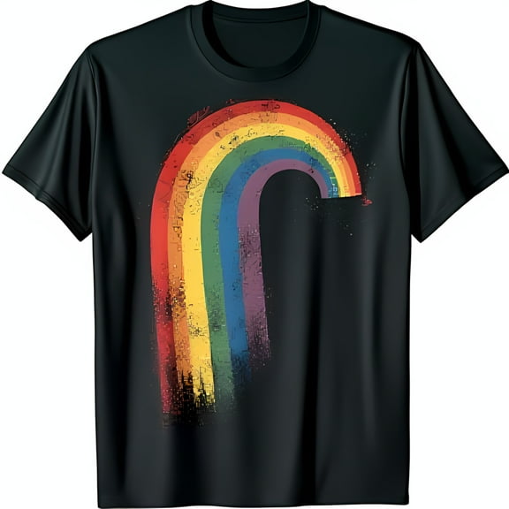 Vibrant Rainbow Arched Design on Black T-Shirt Bold Colorful Graphic Tee
