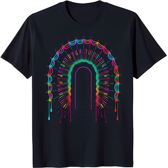 Vibrant Rainbow Archway Graphic Black T-Shirt with Dripping Design