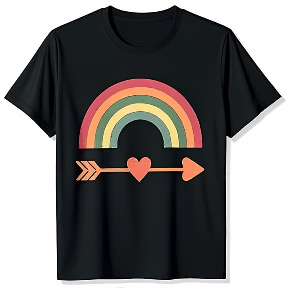 Vibrant Rainbow Arrow & Hearts Graphic on Black T-Shirt Retro Style