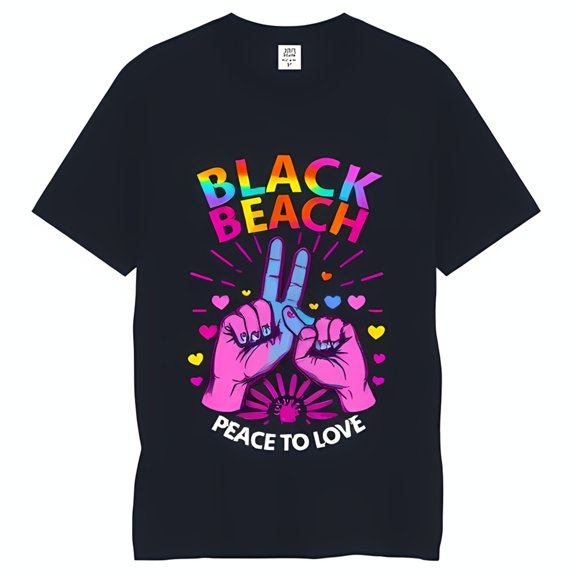 Vibrant Rainbow 'Black Beach' Graphic Tee with Colorful Peace Sign Hands