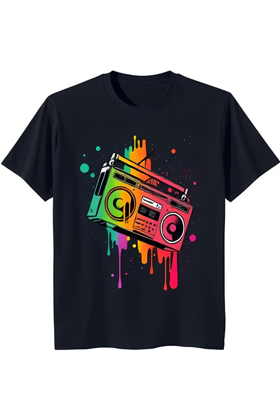 Vibrant Rainbow Boombox Graphic Black T-Shirt Bold Vintage Style