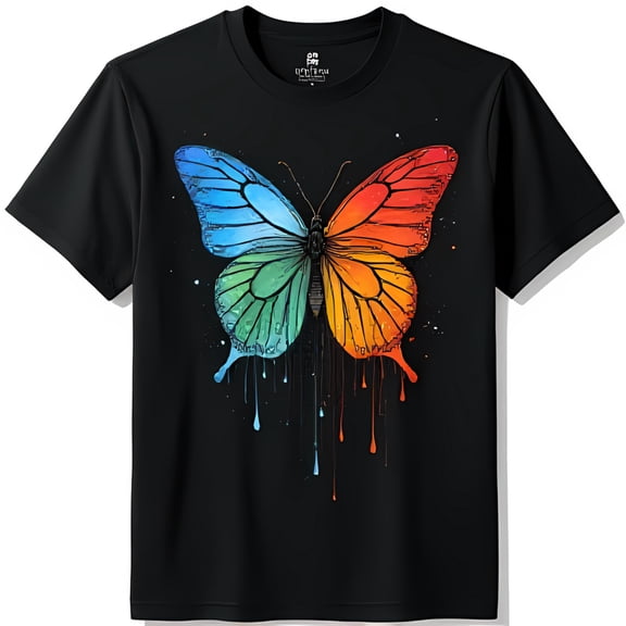 Vibrant Rainbow Butterfly Graphic Black T-Shirt for Stylish Casual Wear