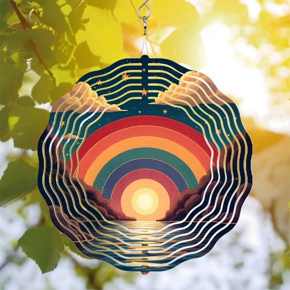 Vibrant Rainbow Circular Metal Wind Spinner with Sun Design - Stunning Yard & Garden Decor Starry Night Background Reflective Water