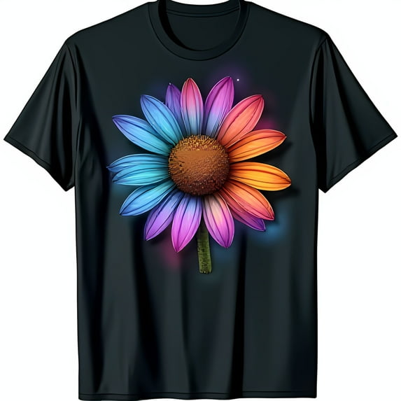 Vibrant Rainbow Daisy Graphic on Black T-Shirt Eye Catching Floral Design