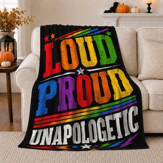 Vibrant Rainbow Distressed Pride Typography Empowering Design, Cozy Typography Art Scene, Warm Flannel Blanket for Living Room and Reading Nook, Art Lovers Housewarming Gift, Artistic Home Decor