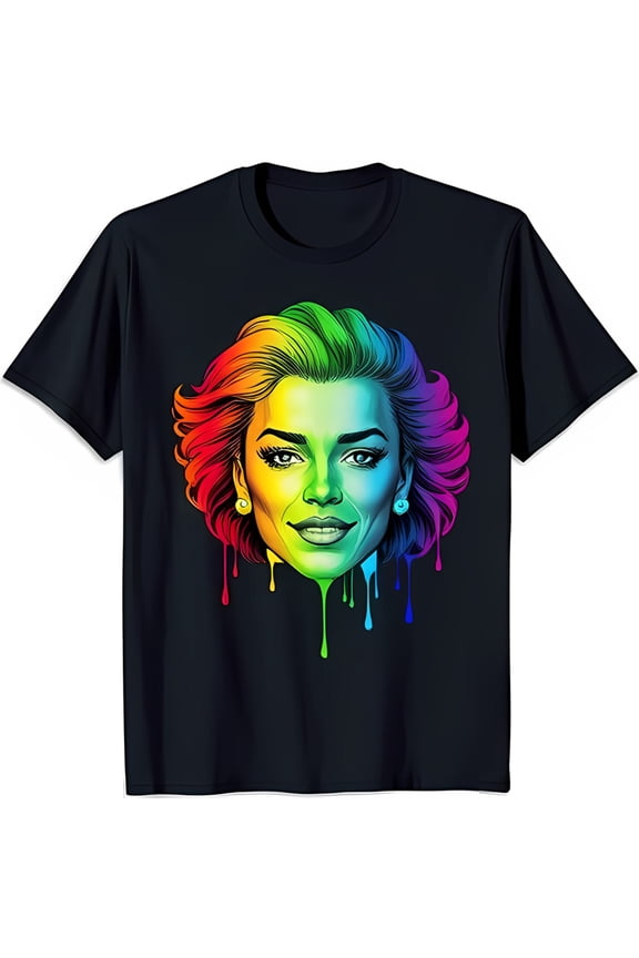 Vibrant Rainbow Drip Graphic Black T-Shirt Stunning Women's Face Design