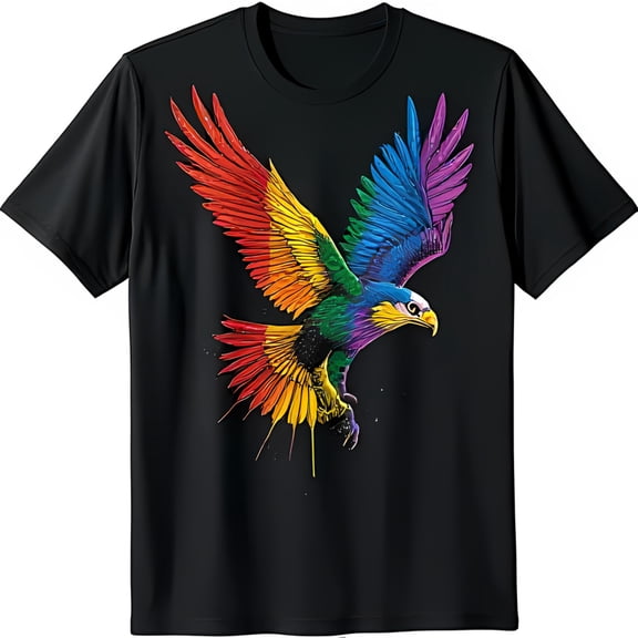 Vibrant Rainbow Eagle Graphic T-Shirt Bold LGBTQ Pride Design on Black