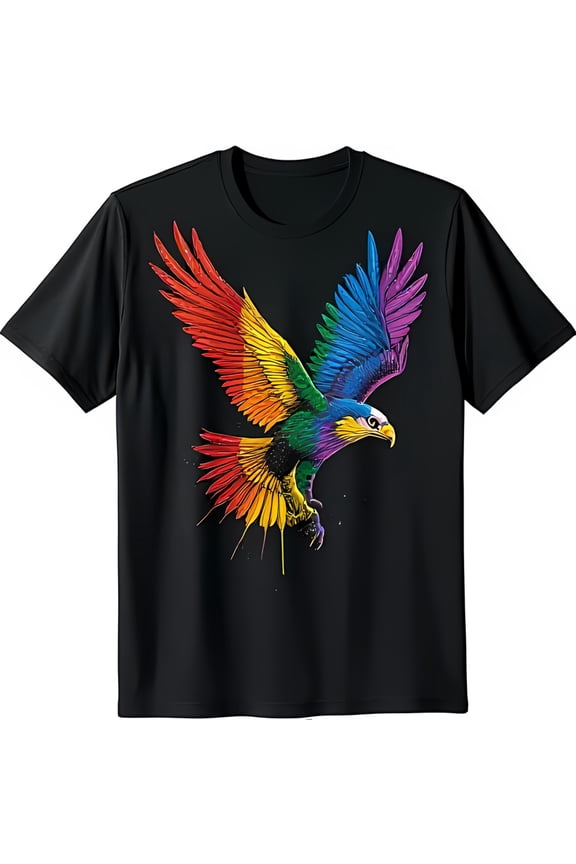 Vibrant Rainbow Eagle Graphic T-Shirt Bold LGBTQ Pride Design on Black
