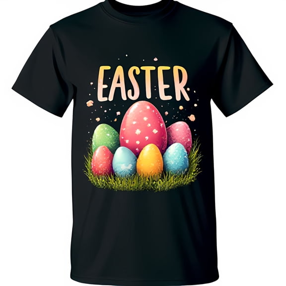 Vibrant Rainbow Easter Graphic Black T-Shirt with Colorful Egg Design