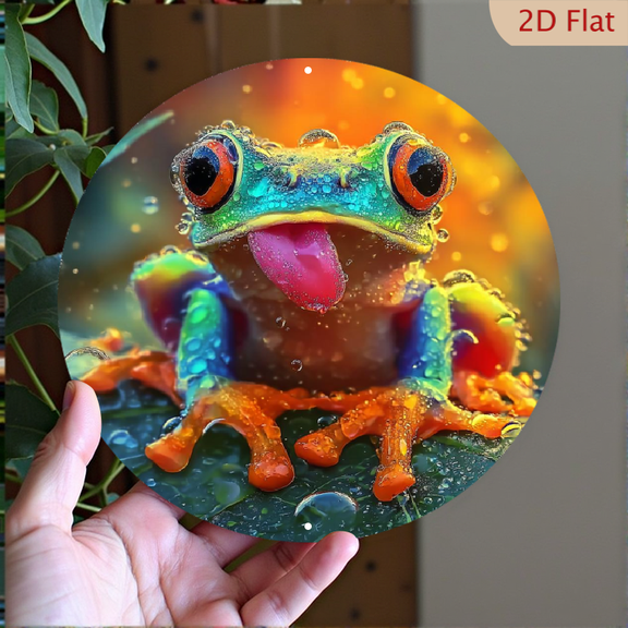 Vibrant Rainbow Frog Metal Decor, 8" Round Aluminum Wall Art Sign, Metal Signs, Wall Decor For Kitchen, Door, Office, Bedroom Decor, Best Gifts For Room, Home, Bathroom Decor, Weird Decor, 2D Flat