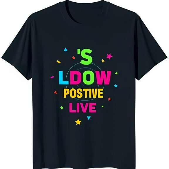 Vibrant Rainbow Graphic Black T-Shirt 'It's Low Positive Live' with Colorful Stars
