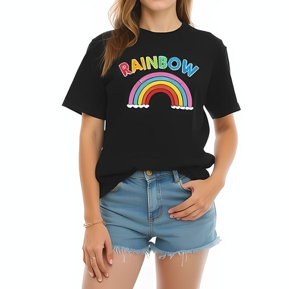 Vibrant Rainbow Graphic Cotton Short Sleeve T-Shirt with 'RAINBOW' Print - Casual Summer Style