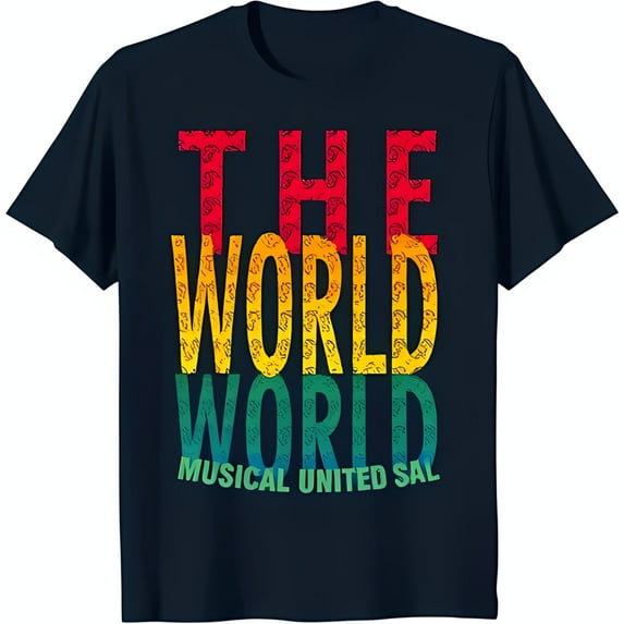 Vibrant Rainbow Graphic Tee: 'The World World' & 'Musical United Sal' on Dark Blue T-Shirt