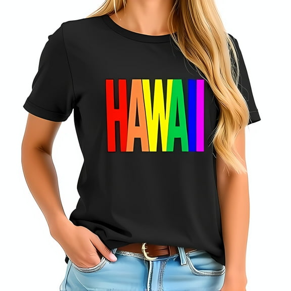 Vibrant Rainbow " HAWAII " Graphic Cotton Short Sleeve T-Shirt for a Beachy Style