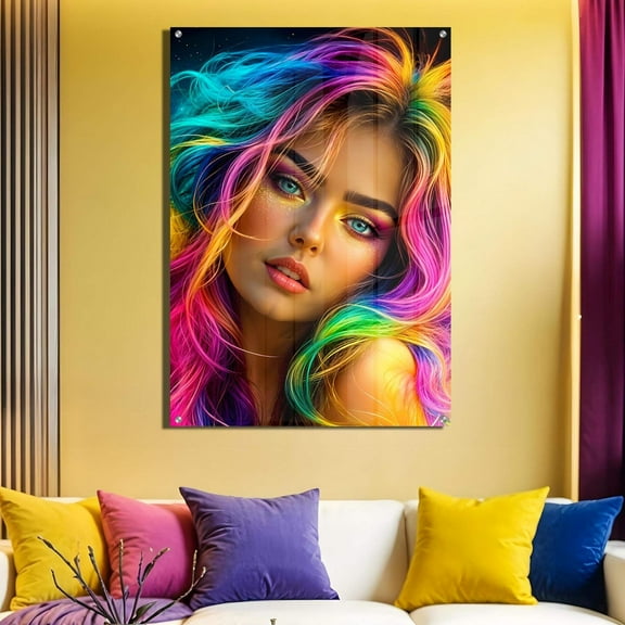 Vibrant Rainbow Hair Girl High Gloss Acrylic Wall Art Colorful Portrait Ready To Hang