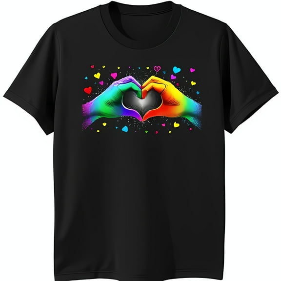 Vibrant Rainbow Hand Heart Design Black T-Shirt Colorful Love Graphic Tee