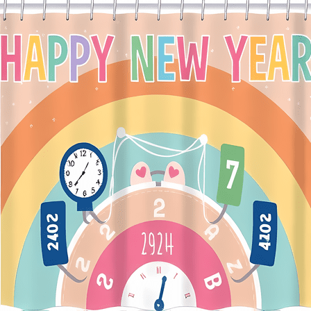 Vibrant Rainbow Happy New Year Shower Curtain with Whimsical Clock & Ears - Festive Home Decor