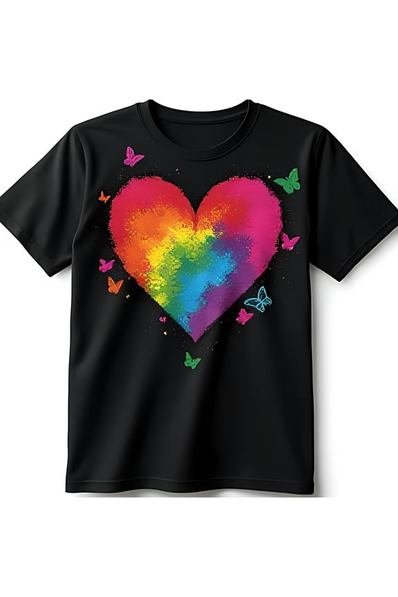 Vibrant Rainbow Heart Graphic Black T-Shirt with Butterfly Accents Your Pride