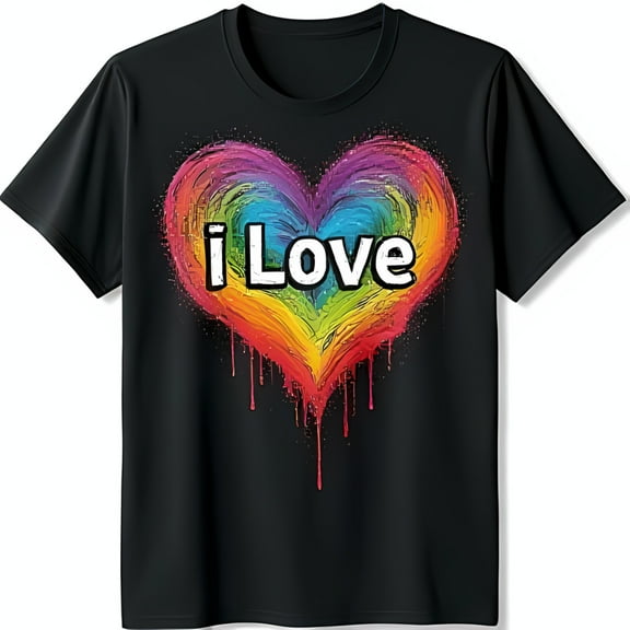 Vibrant Rainbow Heart Graphic T-Shirt Bold I Love Design on Black
