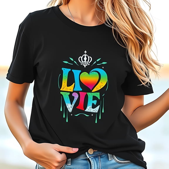 Vibrant Rainbow Heart 'LOVE' Graphic T-Shirt with Crown & Dripping Paint - Relaxed Fit Summer Tee for Joyful Self-Expression