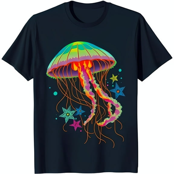 Vibrant Rainbow Jellyfish Graphic on Black T-Shirt Unique Ocean Art