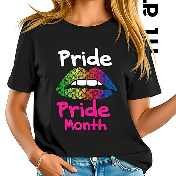 Vibrant Rainbow Lip Design Cotton Short Sleeve T-Shirt - " Pride Pride Month " Graphic Tee for Celebrating Inclusivity