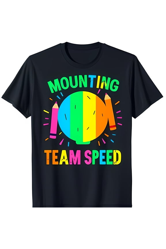 Vibrant Rainbow 'MOUNTING TEAM SPEED' Graphic Black T-Shirt for All