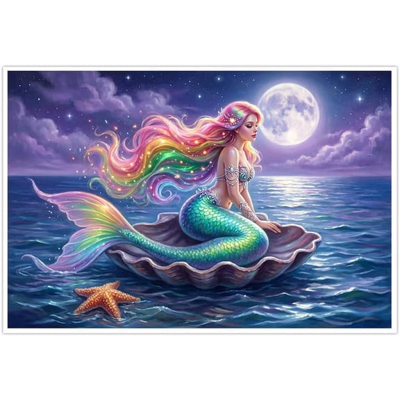 Vibrant Rainbow Mermaid Wall Art Fantasy Ocean Moon Poster Kids Room Decor