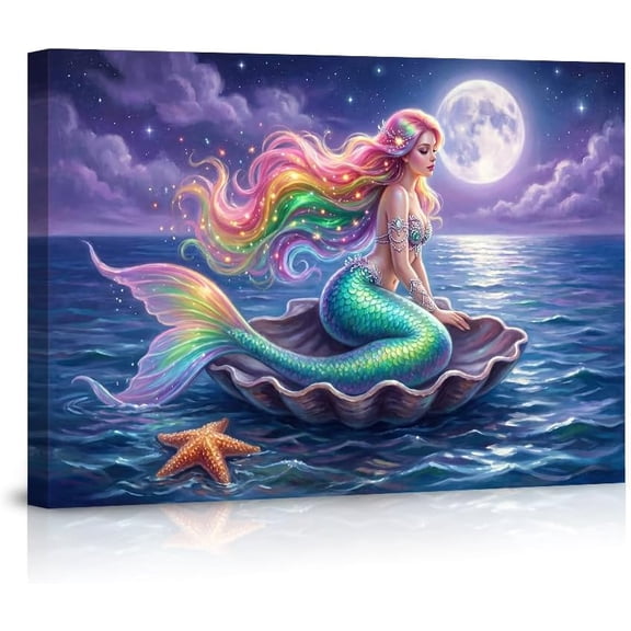 Vibrant Rainbow Mermaid Wall Art Fantasy Ocean Moon Poster Kids Room Decor