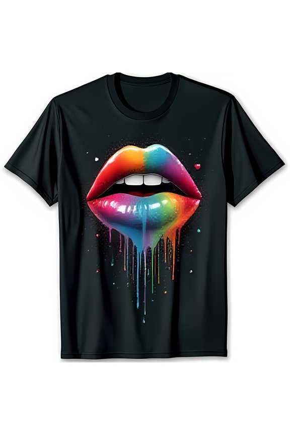 Vibrant Rainbow Mouth Graphic Black T-Shirt Unique Drip Design for Stylish Look