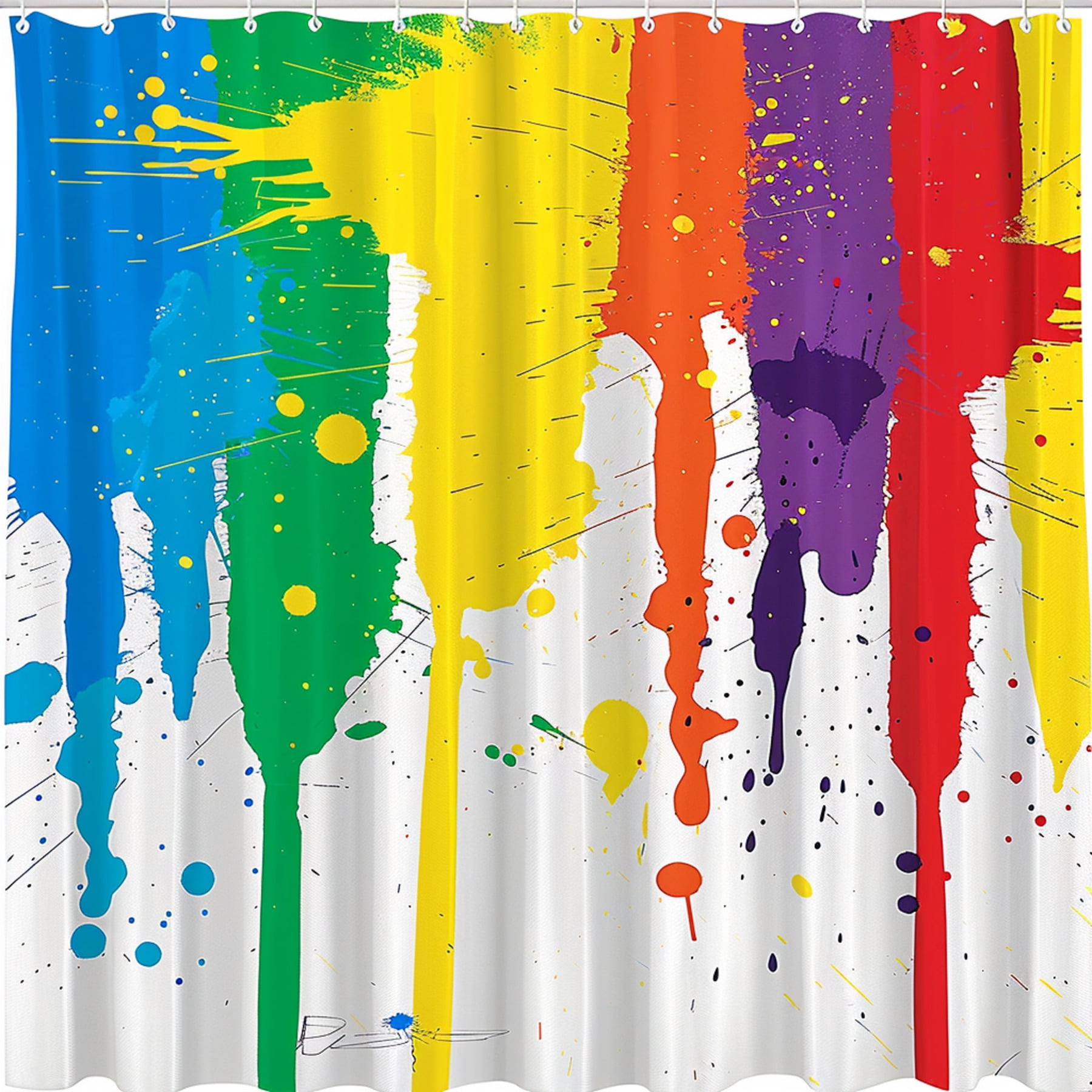 Vibrant Rainbow Paint Splatter Shower Curtain Cartoon Style Bathroom