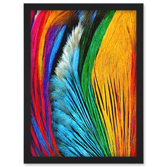 Vibrant Rainbow Peacock Feather Abstract Macro Painting Artwork Framed Wall Art Print A4