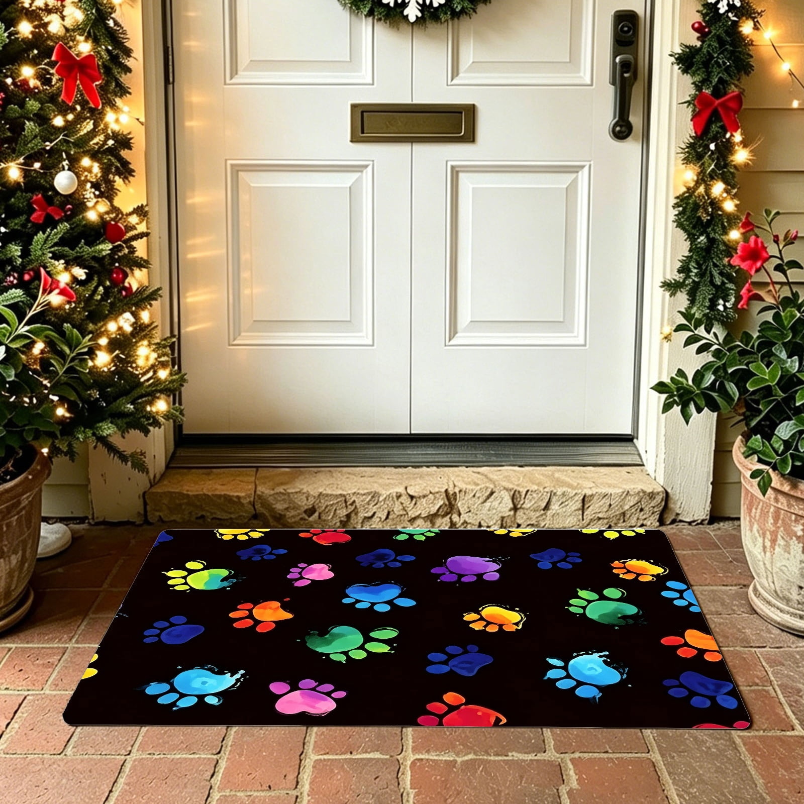 Vibrant Rainbow Pet Paw Spots Black Background Print Polyester Doormat ...