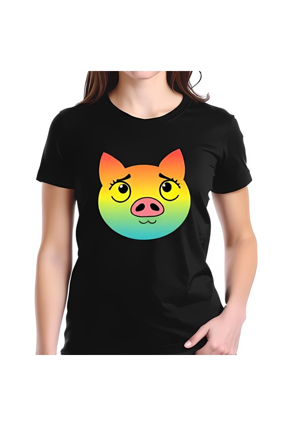 Vibrant Rainbow Pig Face Graphic Cotton Short Sleeve T-Shirt - Melancholic Expression on Black Background