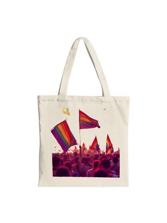 Vibrant Rainbow Pride Tote Bag - Colorful Crowd with Flags Perfect for Shopping Travel & Celebrations Eco-Friendly Canvas Design