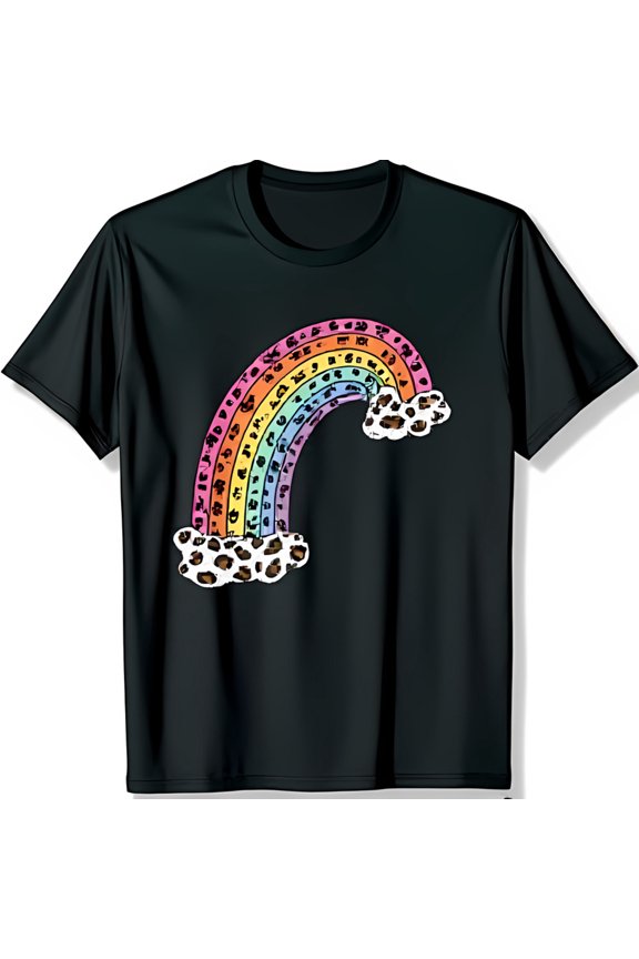 Vibrant Rainbow & Print Cloud Graphic on Black T-Shirt Fun Casual Style