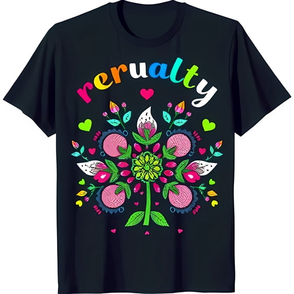 Vibrant Rainbow 'Rerualty' Graphic Black T-Shirt with Colorful Tree Design