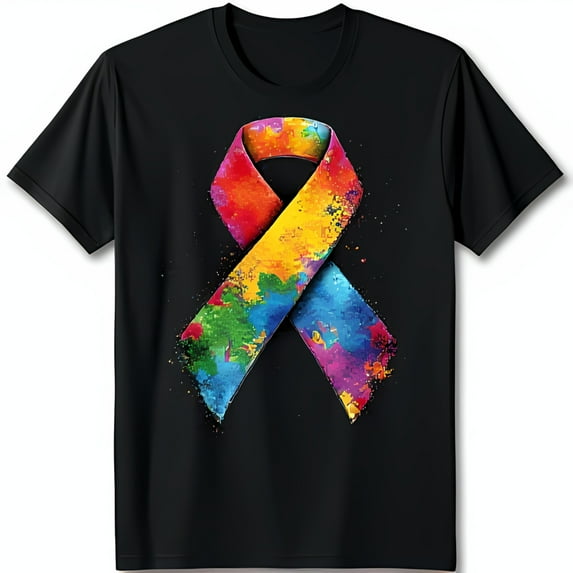 Vibrant Rainbow Ribbon Black T-Shirt Bold Painterly Design for Hope & Support