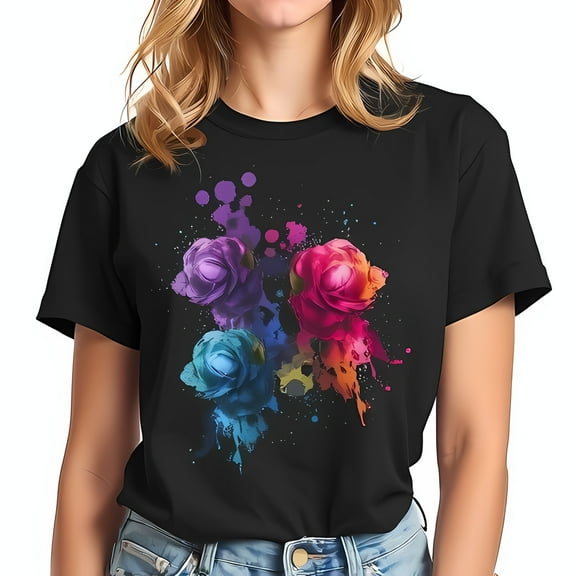 Vibrant Rainbow Roses Graphic Black Short-Sleeved T-Shirt - Modern Casual Fit for Youthful Style