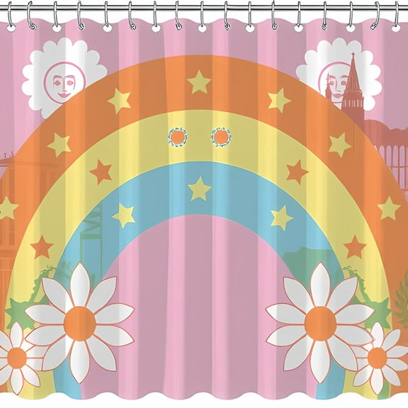 Vibrant Rainbow Shower Curtain with Smiling Faces Yellow Stars & White Flowers on Pink Sky - Colorful Bathroom Decor