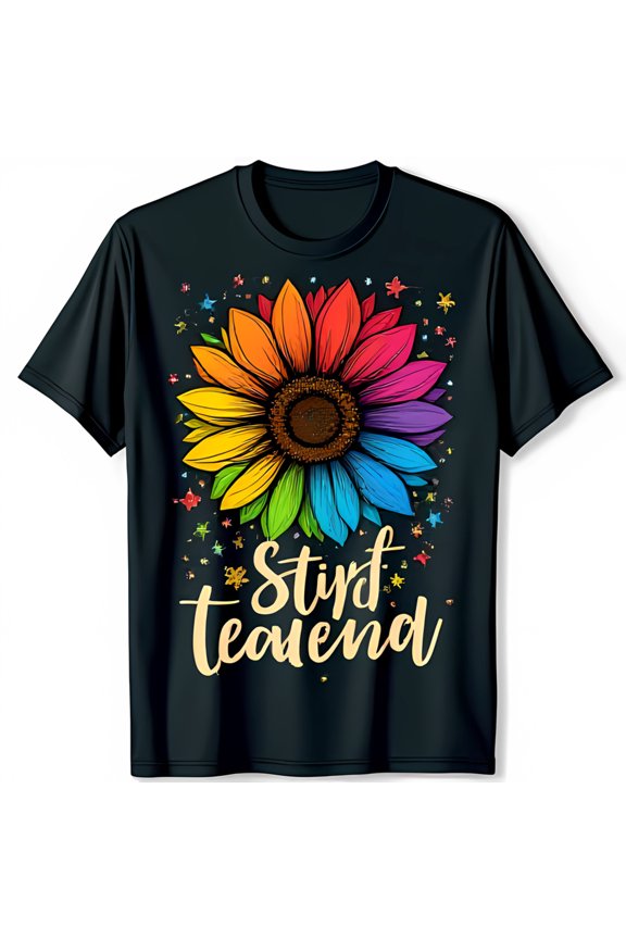 Vibrant Rainbow Sunflower Graphic Black T-Shirt Playful Stird Teaend Design