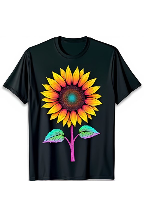 Vibrant Rainbow Sunflower Graphic Black T-Shirt for Bold Style