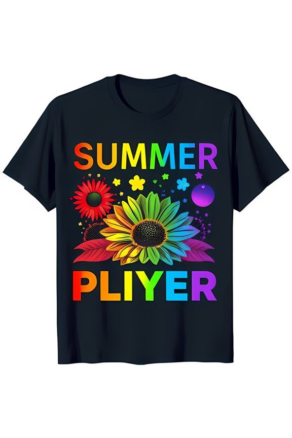 Vibrant Rainbow Sunflower Graphic Black T-Shirt for Summer Fun