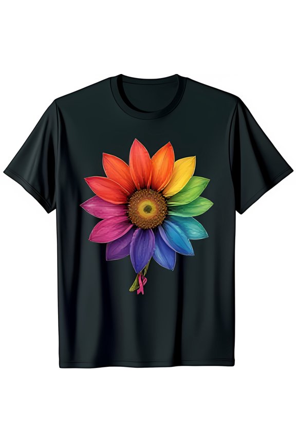 Vibrant Rainbow Sunflower Graphic Black T-Shirt for Unique Style