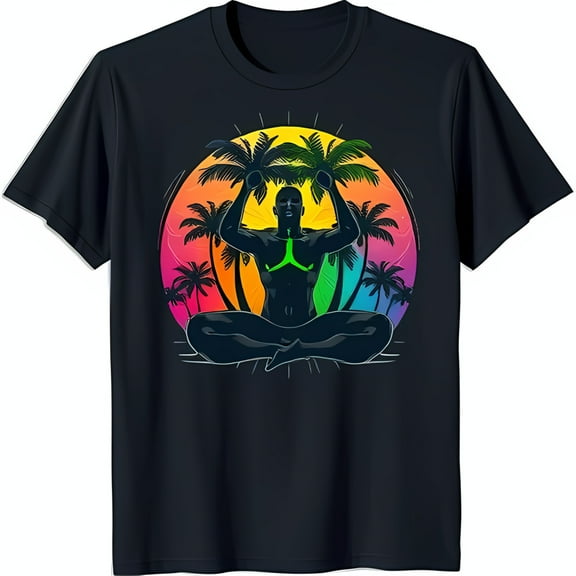 Vibrant Rainbow Sunset Graphic T-Shirt Design with Trees